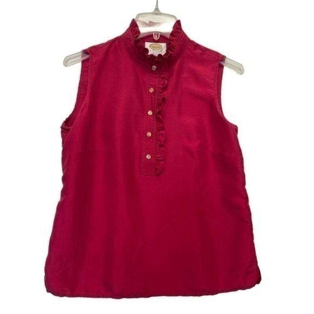 Talbots Petites Pure Silk Sleeveless Blouse Size 8 Red frill mock neck button